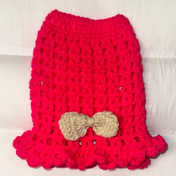 Handmade Pink Crochet dog dress with Bow - Picture 1 of 6